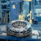 Overhead view of an axial hub on a vertical mill.